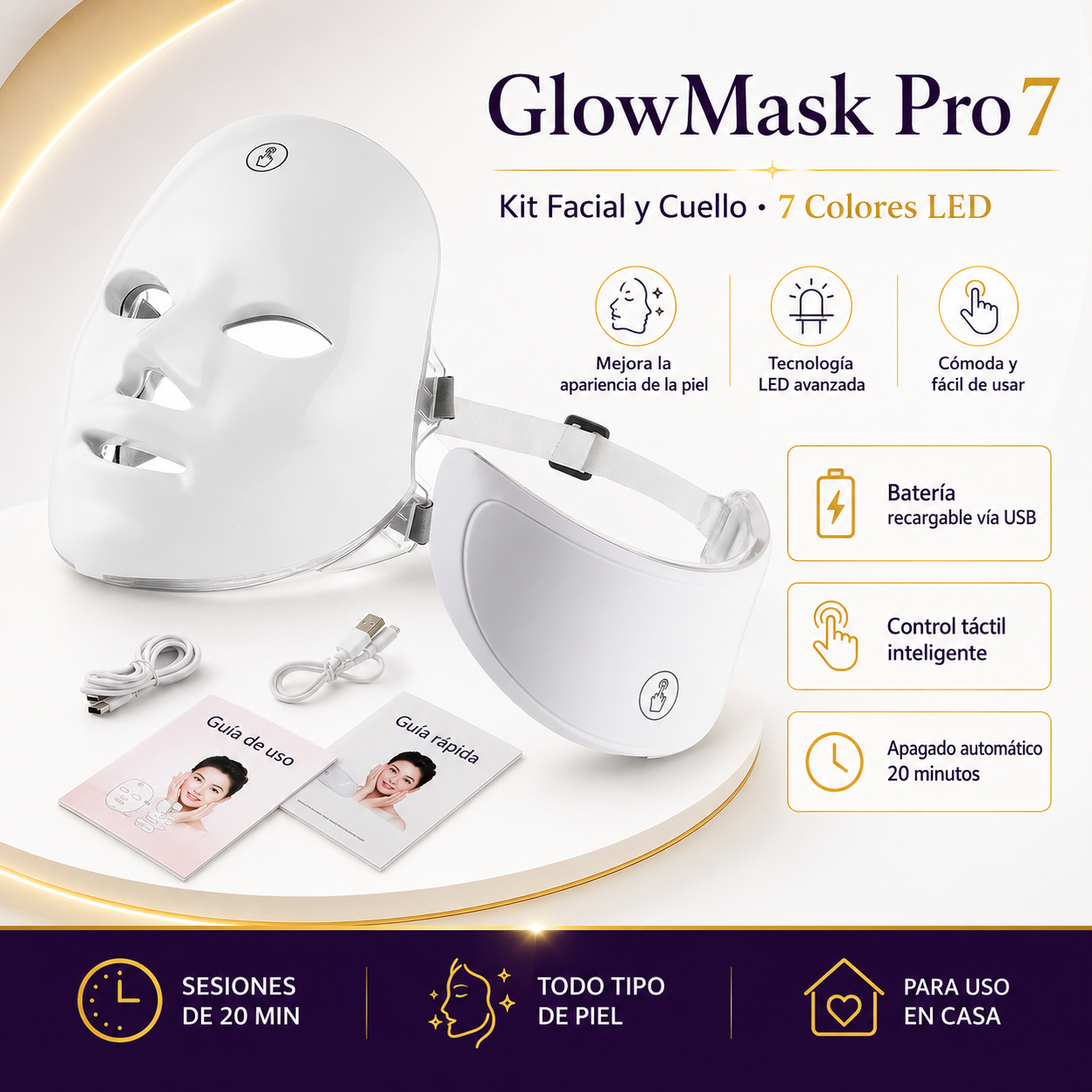 Kit GlowMask Pro 7 con máscara facial, dispositivo para cuello y accesorios